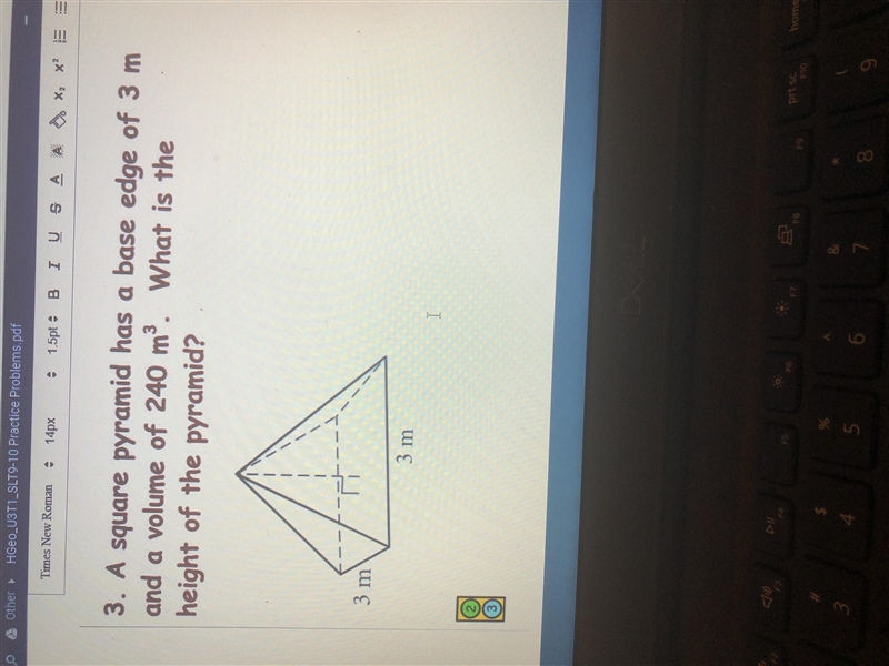 Need help due tonight!! Geometry volume practice A square pyramid has a base edge-example-1