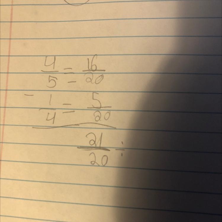 How to solve improper fraction of 4/5 - 1/4???-example-1