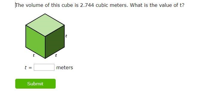 The volume of this cube is 2.744 cubic meters. What is the value of t?-example-1