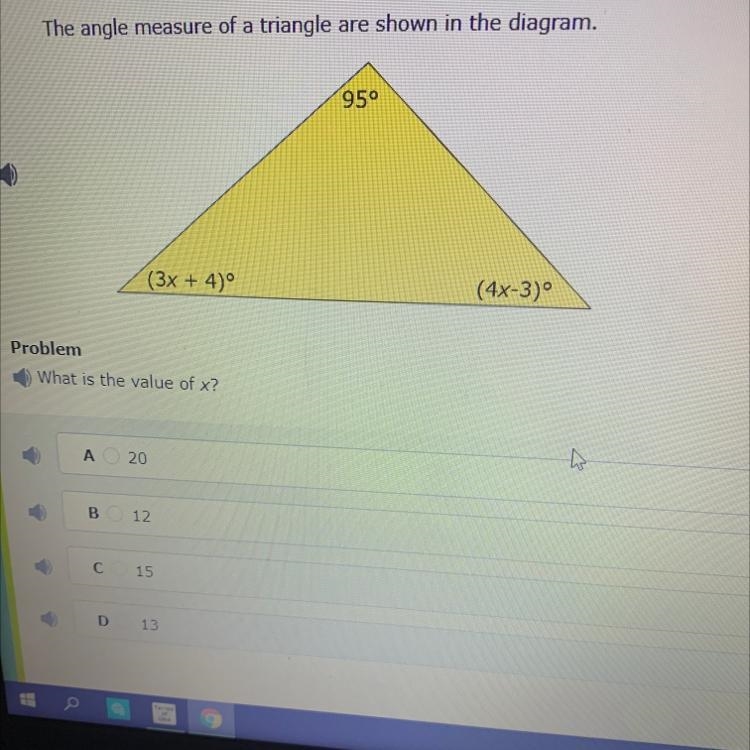 The angle measure of a triangle are shown in the diagram. 95° (3x + 4)º (4x-3) Problem-example-1