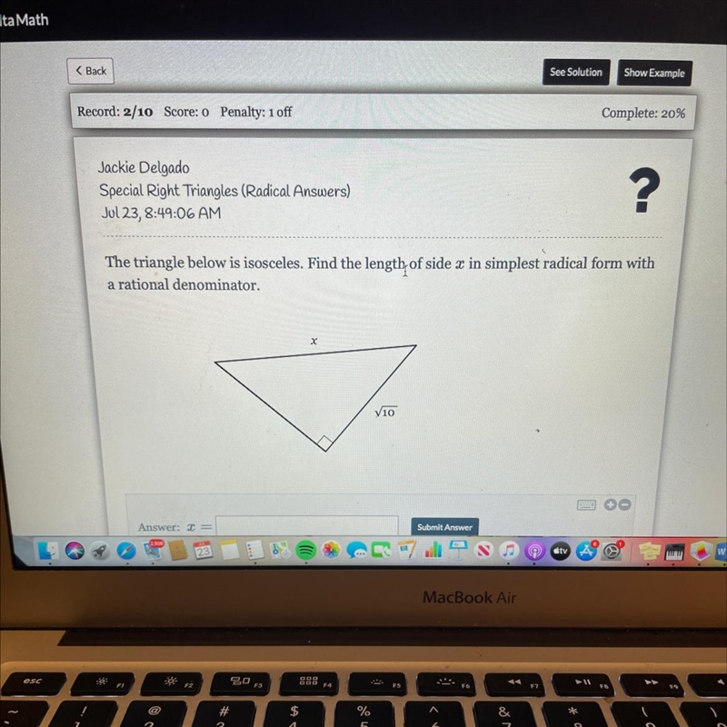 The triangle below is isosceles. Find the length of side x in simplest radical form-example-1