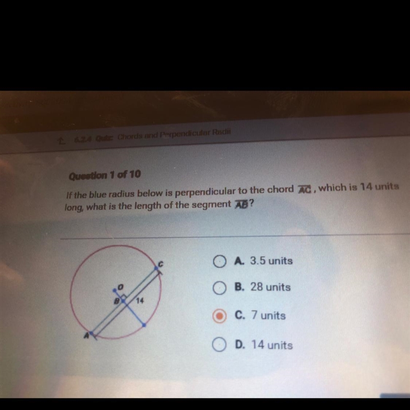 If the blue radius below is perpendicular to the chord AC which is. 14 units long-example-1