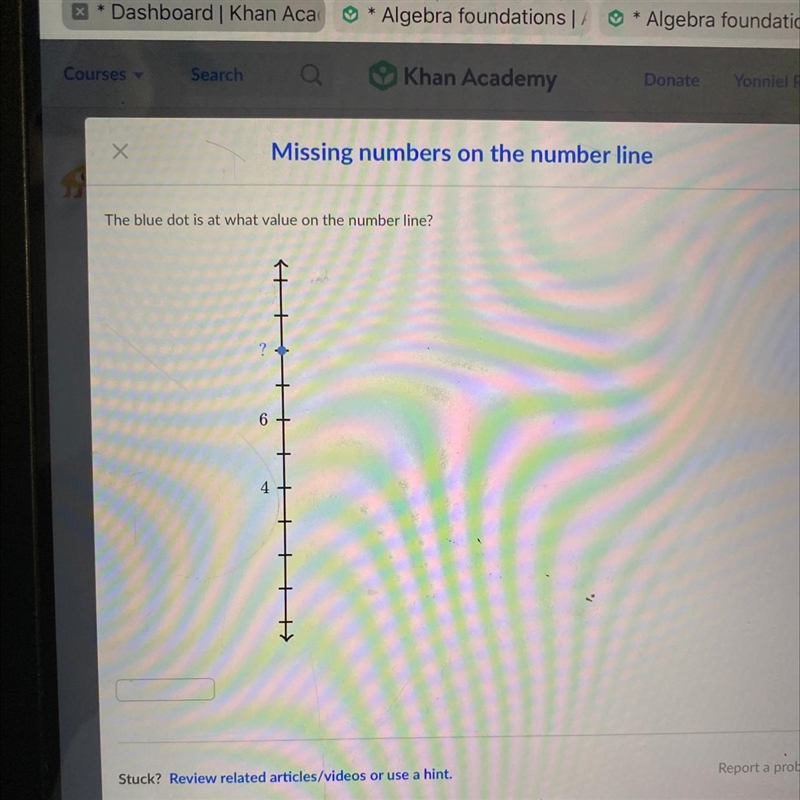 The blue dot is at what value on the number line? H ? 6 4-example-1