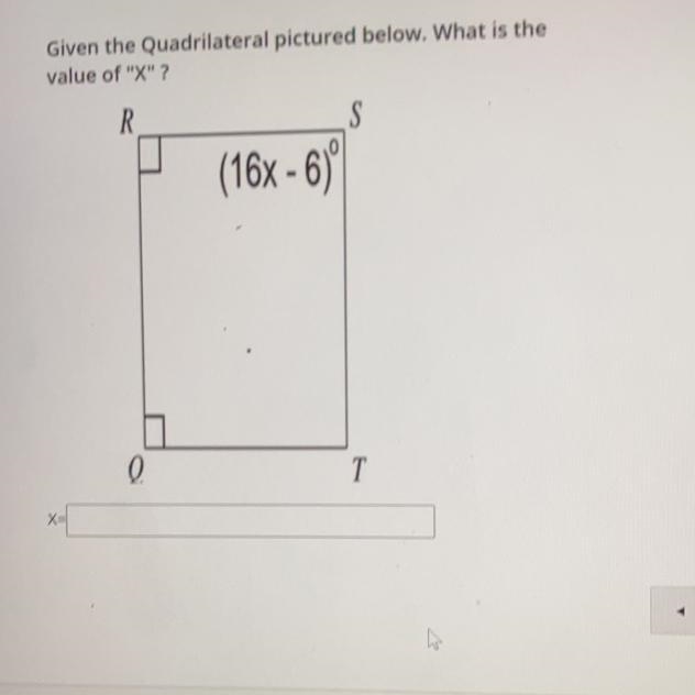 Given the Quadrilateral pictured below. What is the value of "X"?-example-1