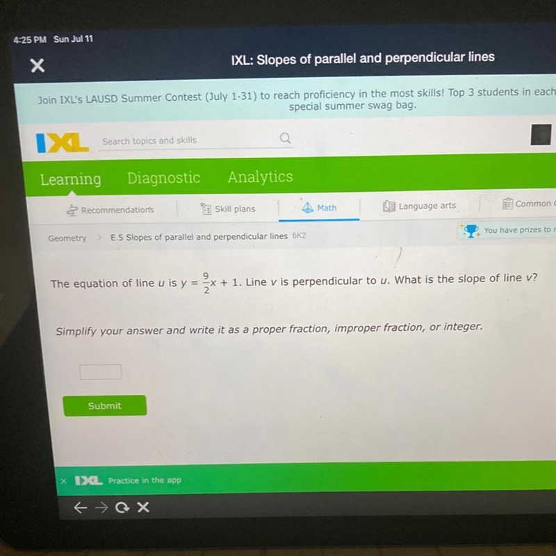 The equation of line u is y = 9/2x+1. Line v is perpendicular to u. What is the slope-example-1