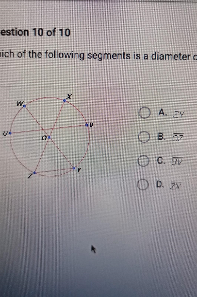 Which of the following segments is a diameter of 0?​-example-1