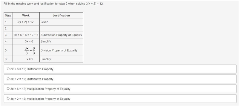 Fill in the missing work and justification for step 2 when solving 3(x + 2) = 12. Step-example-1