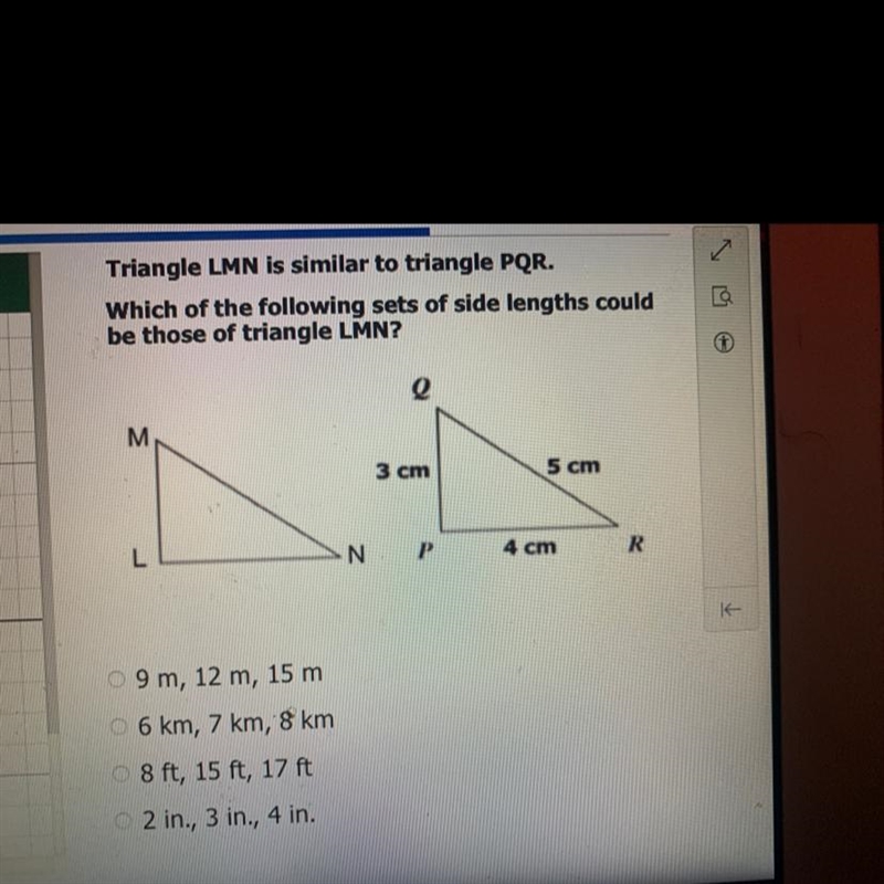 Which of the following sets of a side length could be those of triangle lmn-example-1