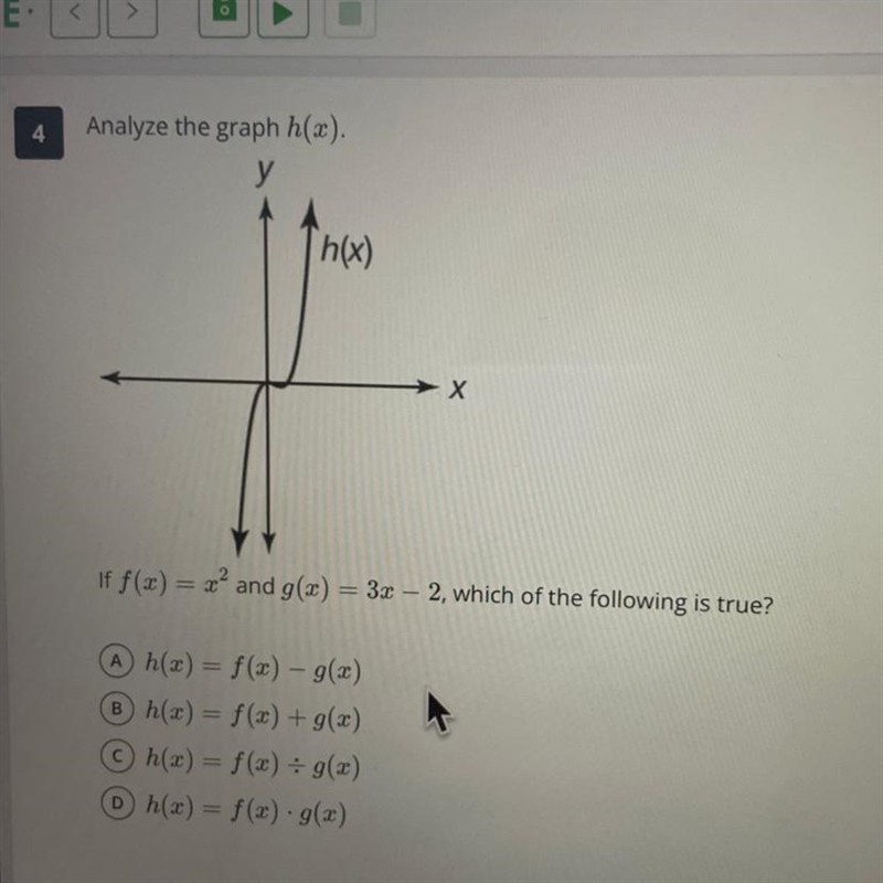 Analyze the graph h(x). If f(x) = ? and g(x) = 3x - 2, which of the following is true-example-1