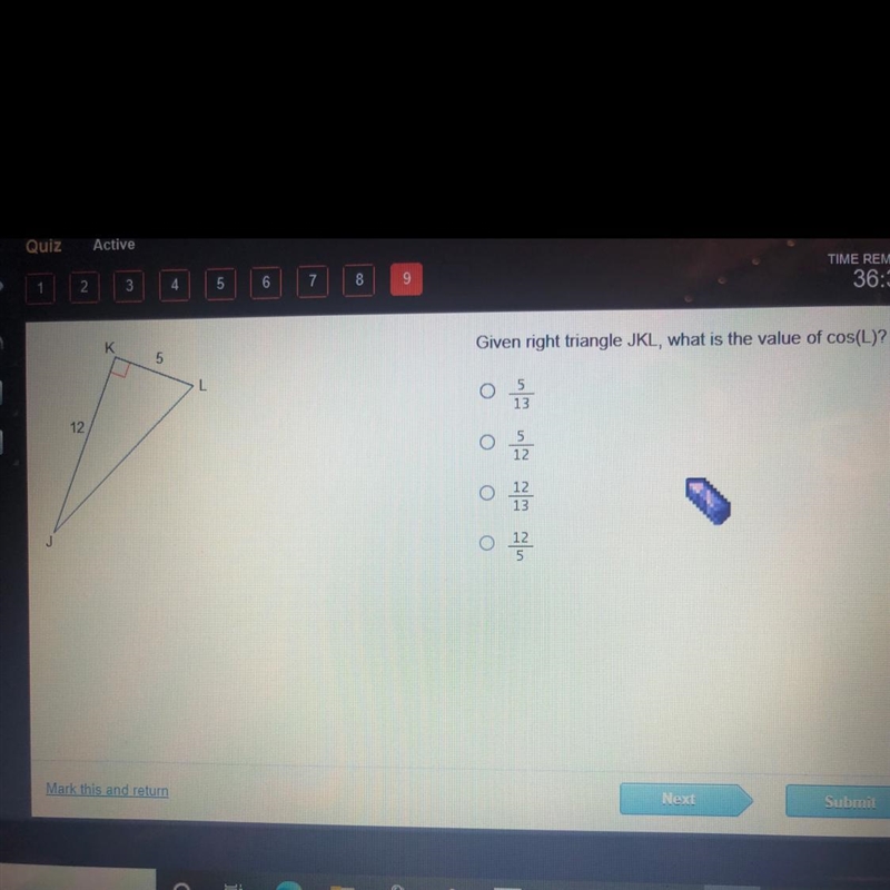 Given right triangle JKL, what is the value of cos(L)?-example-1