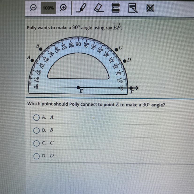 Which point should Polly connect to point E to make a 30° angle?-example-1