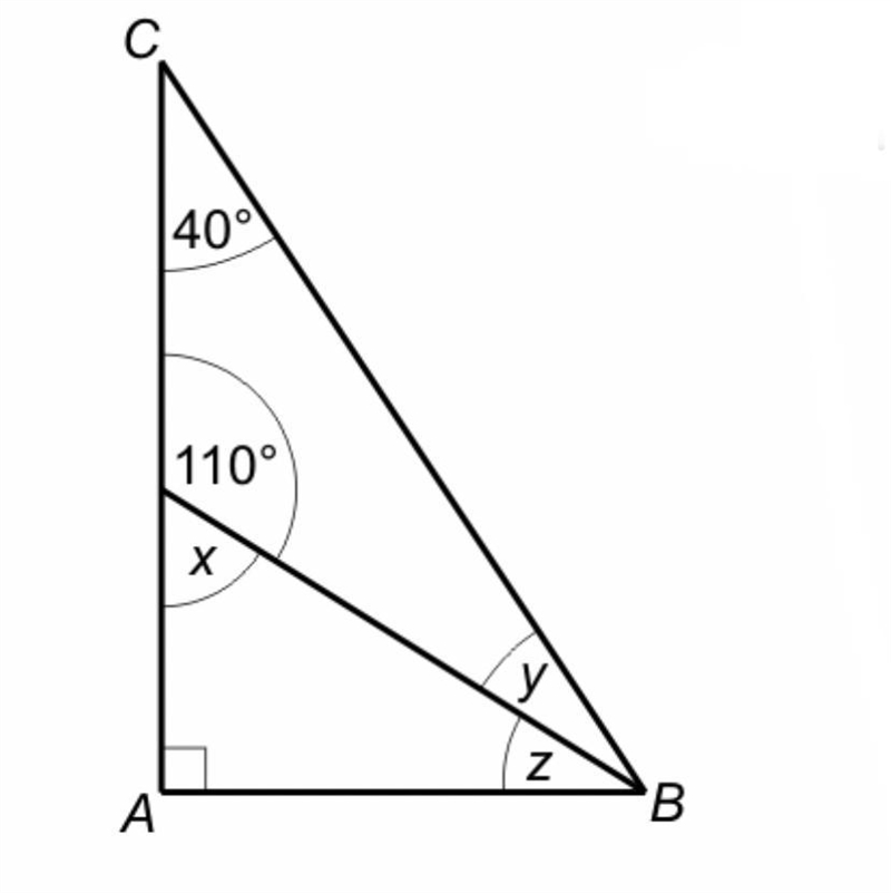 Diagram shows triangle ABC. Workout the size of angles x,y,z x= 70* y= 30* z= *-example-1