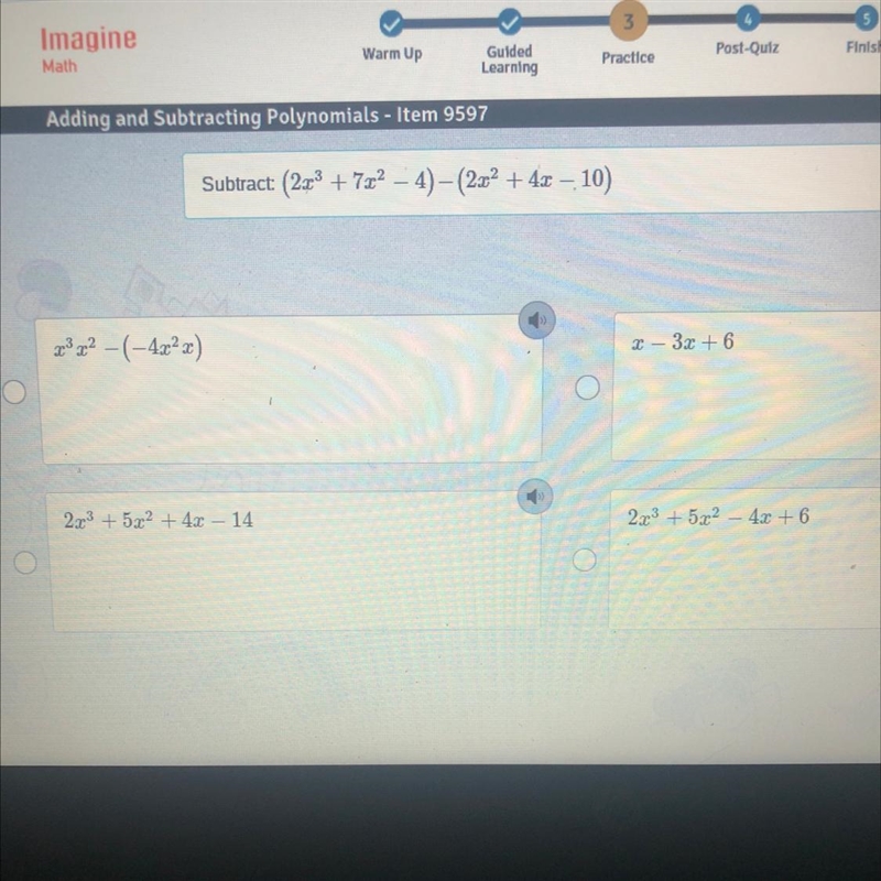 HELP!! Subtract: (2x3 + 7x2 – 4) – (22x2 + 4x – 10)-example-1