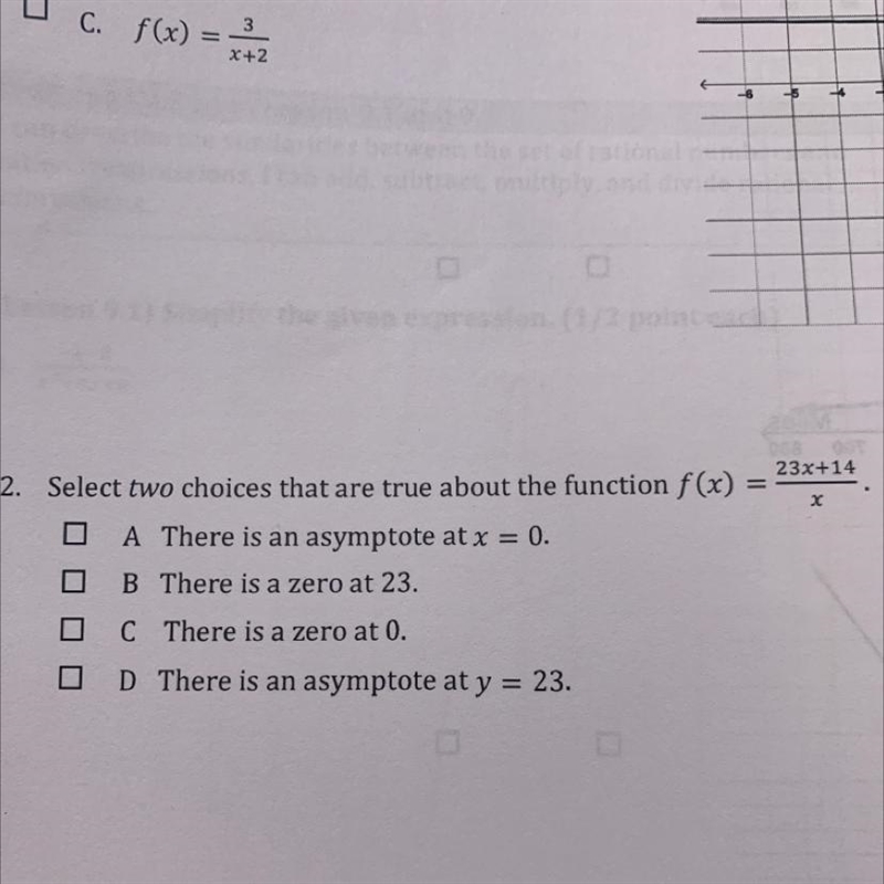 Select two choices that are true about the function f(x)=23x+14/x-example-1