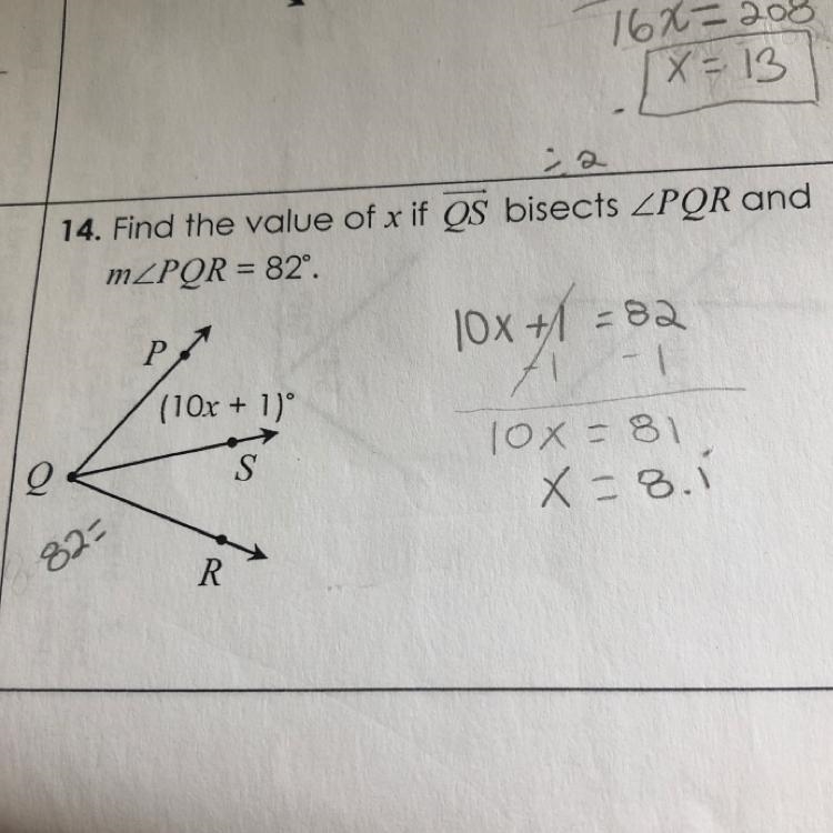 14. Find the value of x if QS bisects m PQS= (10x+1)-example-1