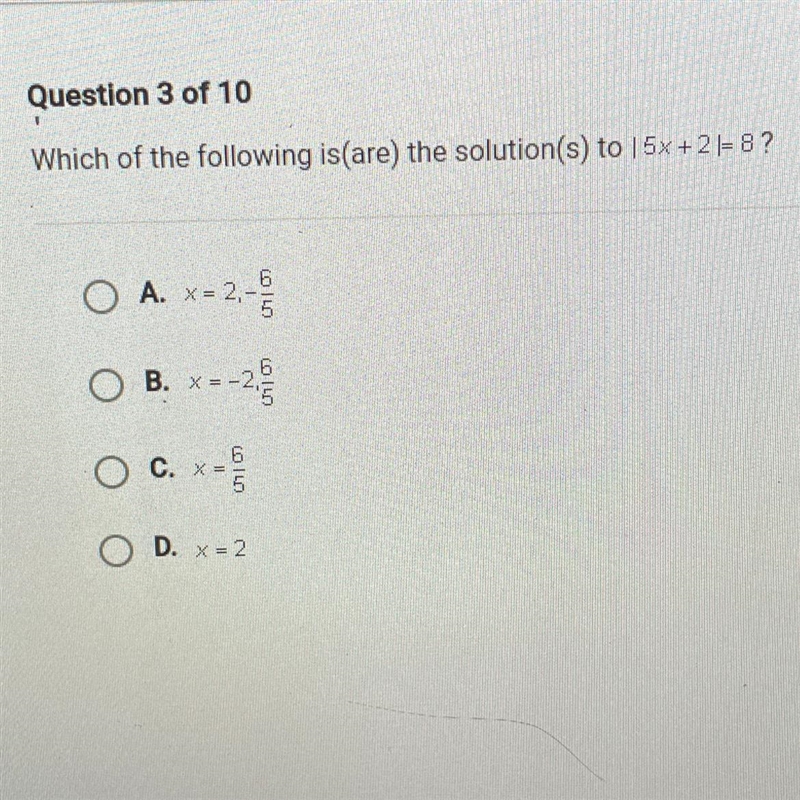 Question 3 of 10 Which of the following is(are) the solution(s) to |15x+2| = 8?-example-1