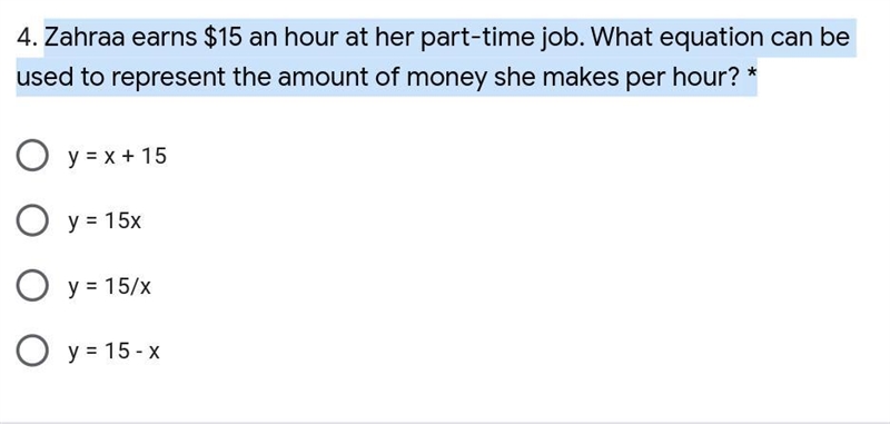 Zahraa earns $15 an hour at her part-time job. What equation can be used to represent-example-1