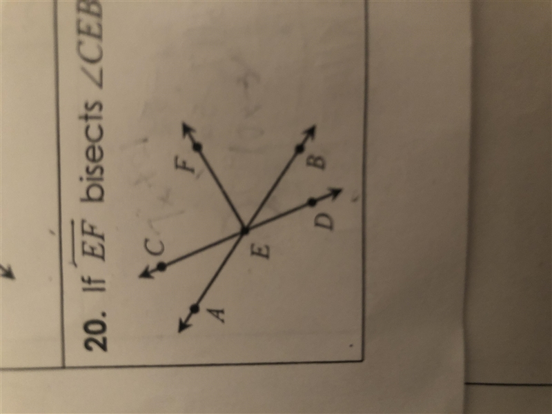 If EF bisects angle CEB, angle CEF=7x + 21 and angle FEB = 10x - 3, find the measure-example-1