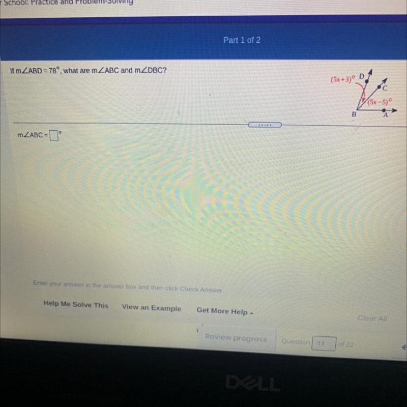 If m ZABD = 78°, what are mZABC and mZDBC? (5x+3) (5x-5)-example-1