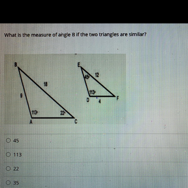 What is the measure of angle B? If the two triangles are similar???-example-1