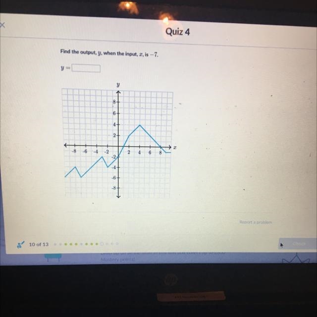 Find the output, y, when the input, x, is -7. y = y 8- 6- 4 2+ -8 -6 -4 -2 2 4 6 8 -2 -4 -6+ -8+-example-1