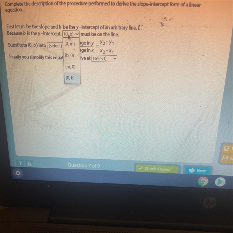 Tell me which option is correct: (0,m) (b,0) (m,0) (0,b) which one of those-example-1