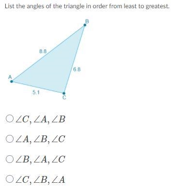 List the angles of the triangle in order from least to greatest.-example-1