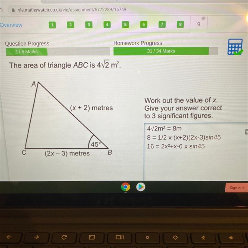 Work out x when the area is root 4 2^2 and angle C is 45 and ab are (x+2)(2x-3)-example-1