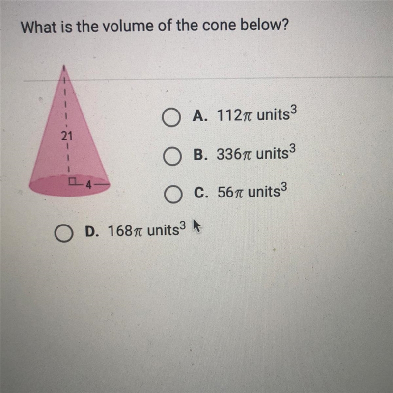 A. 122pi units^3 B. 336pi units^3 C. 56pi units^3 D. 168pi units^3-example-1