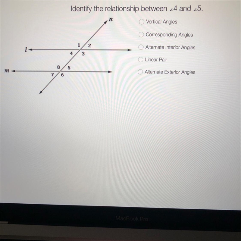 Identify the relationship between 4 and 5 A-Vertical angles B-Corresponding angles-example-1