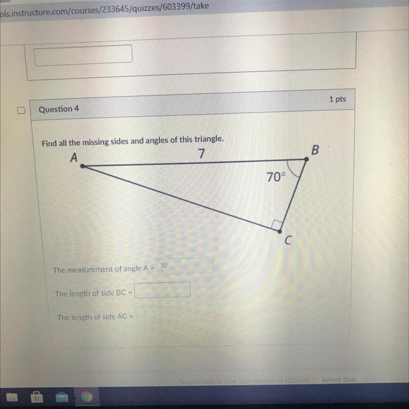 Find all the missing sides and angles of this triangle. A 7 B 70° C-example-1