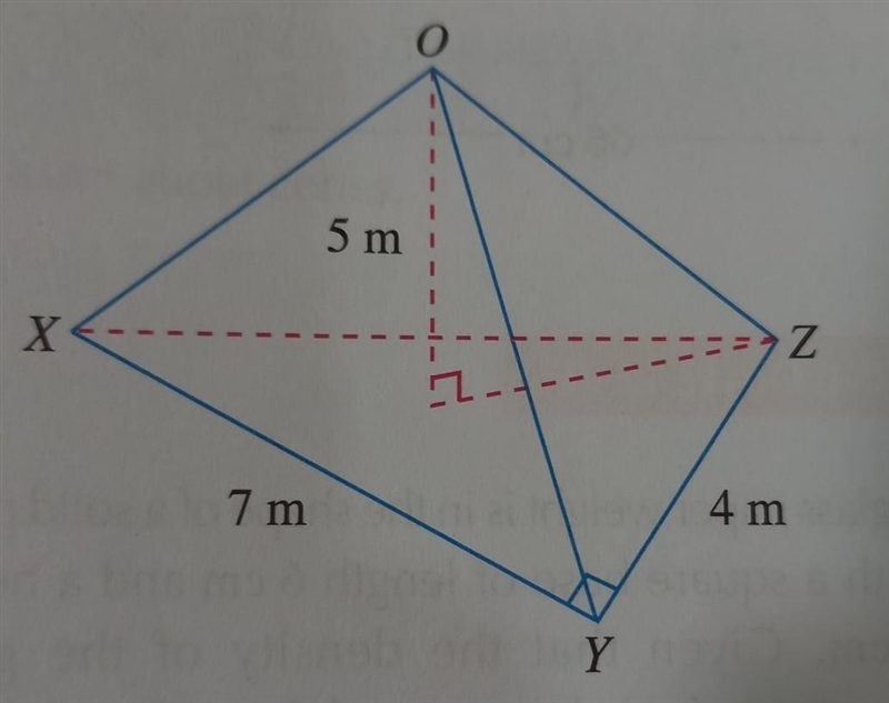 OXYZ is a pyramid whose base is a right-angled triangle where XY = 7 m and YZ = 4 m-example-1