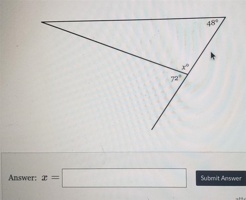 A side of the triangle below has been extended to form an exterior angle of 72°. find-example-1