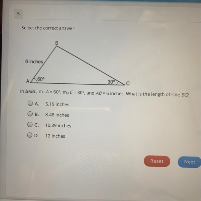 In AABC, m A= 60°, m_C = 30°, and AB = 6 inches. What is the length of side BC? A-example-1