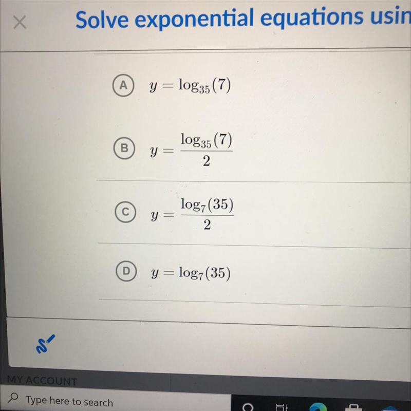 5•7^2y=175 Which of the following is the solution of the equation?-example-1