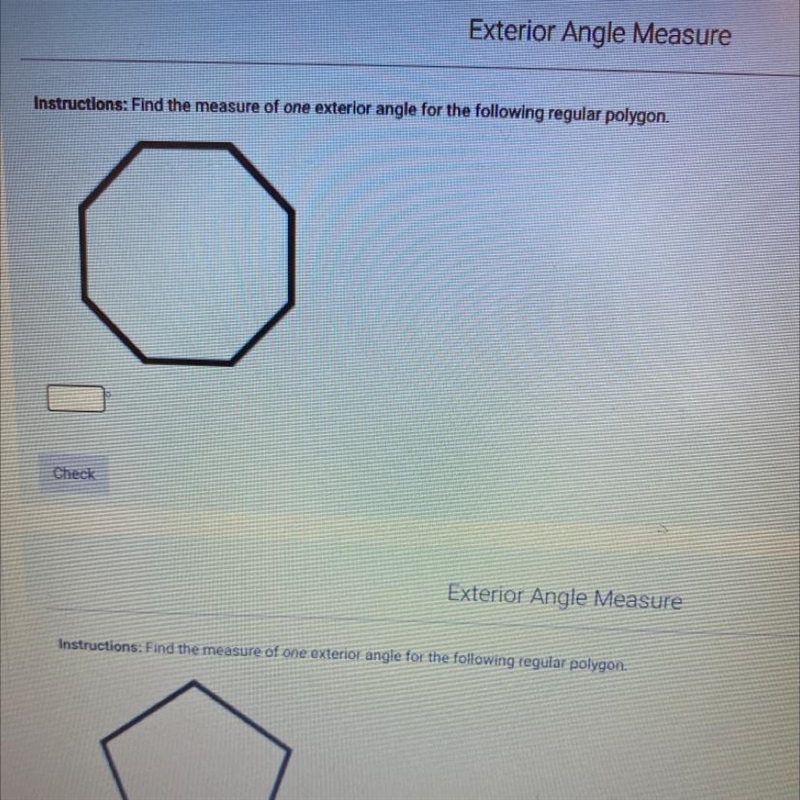 Find the measure of one exterior angle for the following regular polygon-example-1