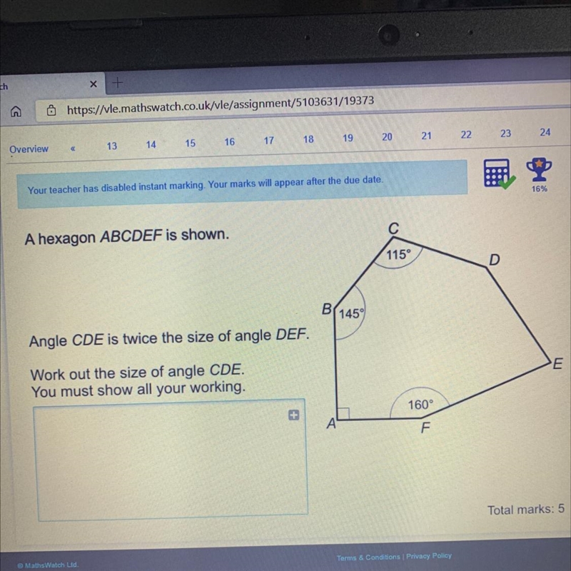 C A hexagon ABCDEF is shown. 115° D B 145° Angle CDE is twice the size of angle DEF-example-1