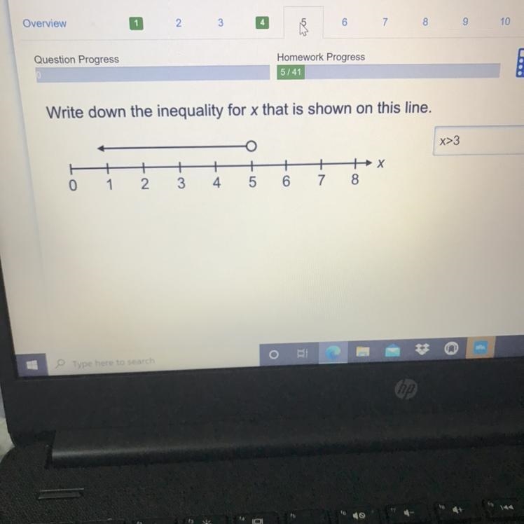 Write down the inequality for x that is shown on this line. 1 I I + 4 + 5 + 7 0 1 2. 3 6 8-example-1