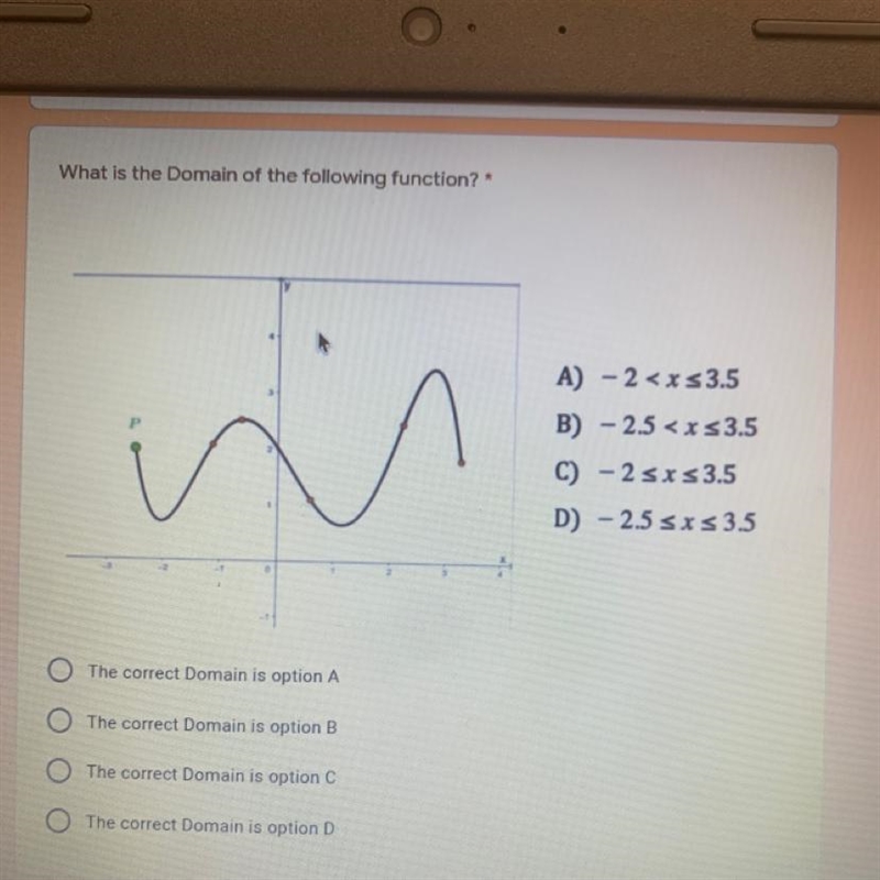 What is the Domain of the following function? A) - 2 B) -2.5 < x 33.5 C) -2 sxs-example-1