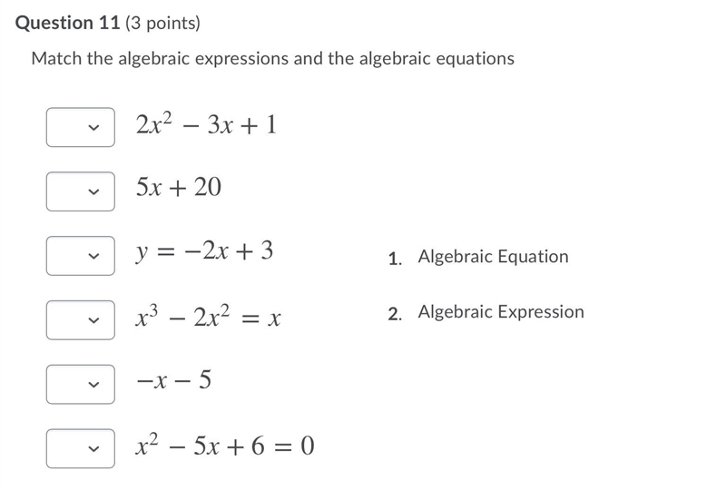 Match the algebraic expressions and the algebraic equations-example-1