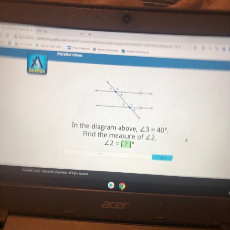 3 2 In the diagram above, Z3 = 40°. Find the measure of Z2. L2 = [?]°-example-1