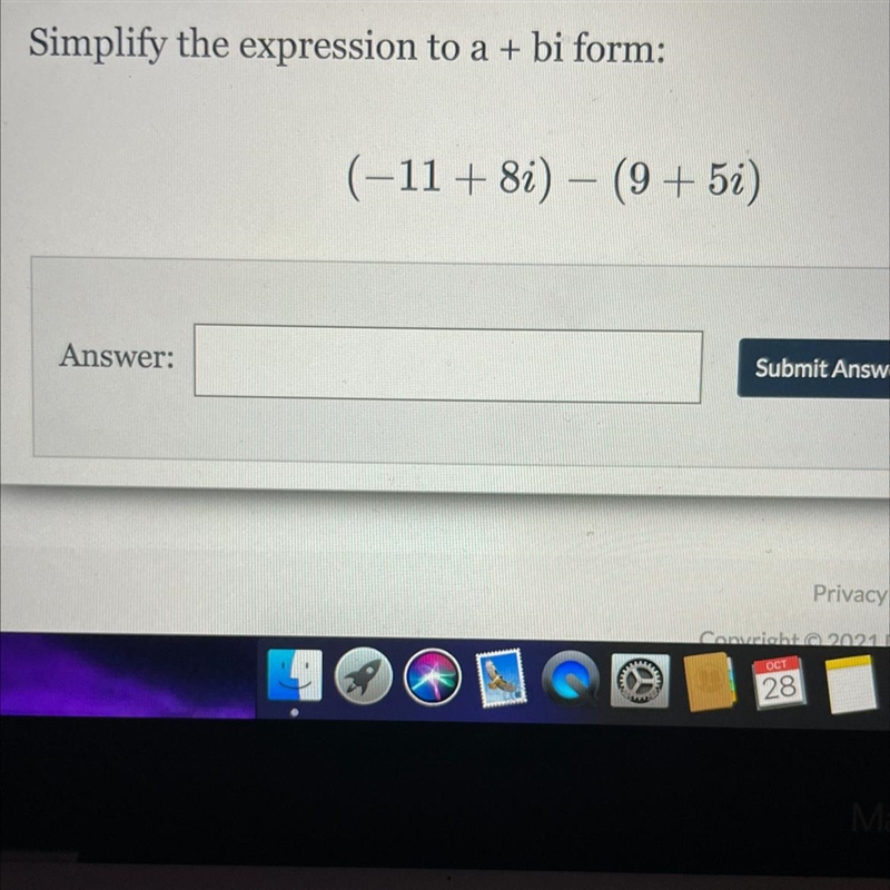 Simplify the expression to a + bi form: (-11 + 8i) - (9 + 5i)-example-1