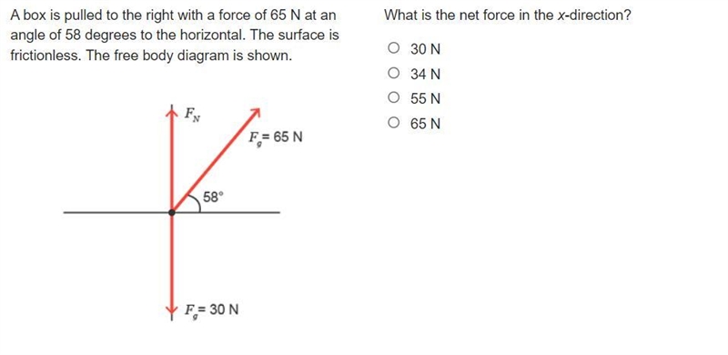 A box is pulled to the right with a force of 65 N at an angle of 58 degrees to the-example-1