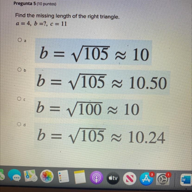 Find the missing length triangle a=4,b=?,c=11-example-1