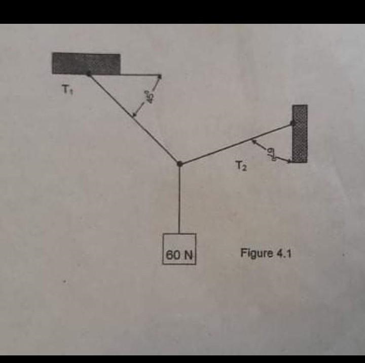 Find T1 and T2, if a 60 N load is hanged and in equilibrium position.​-example-1