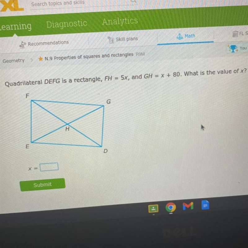 Quadrilateral DEFG is a rectangle, FH = 5x, and GH = x + 80. What is the value of-example-1