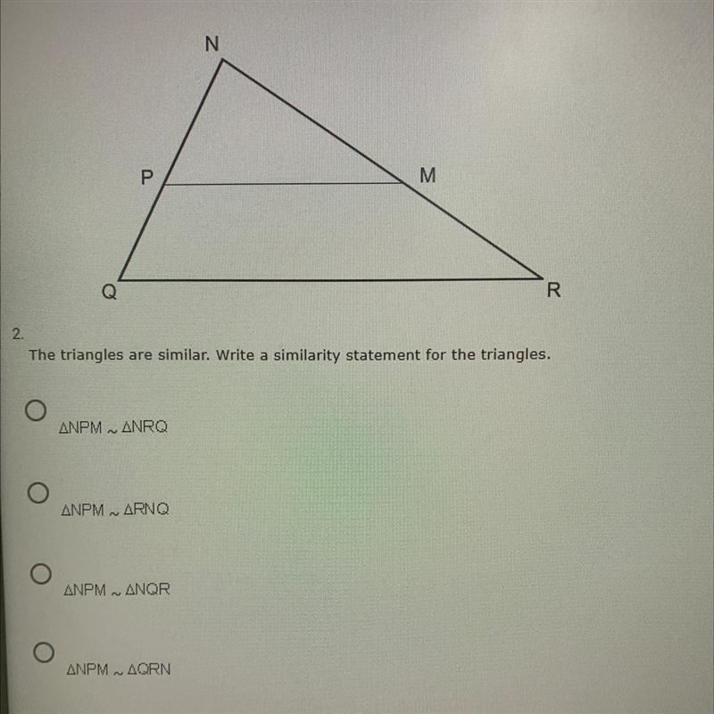 The triangles are similar, Write a similarity statement for the triangles “PLZ HELP-example-1