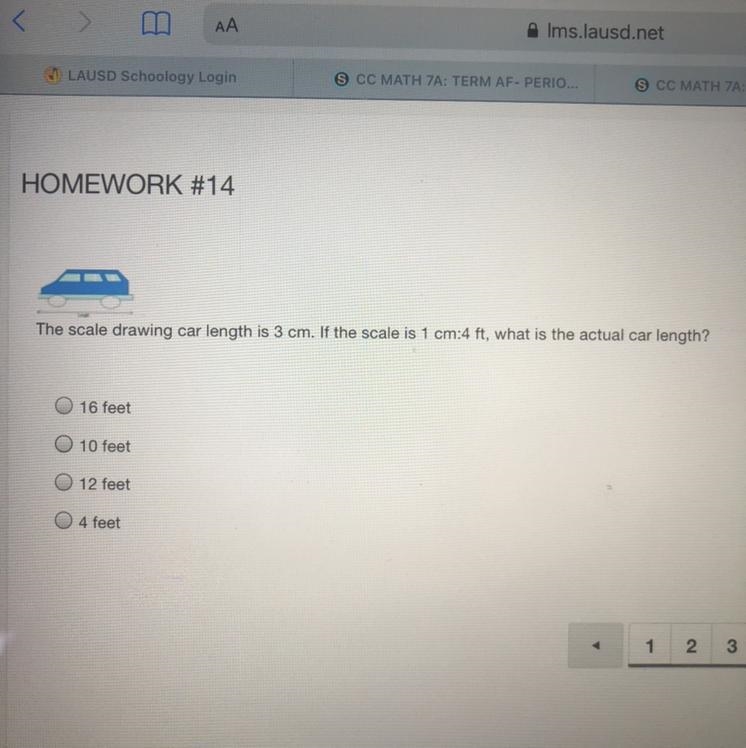 The scale drawing car length is 3 cm. If the scale is 1 cm:4 ft, what is the actual-example-1