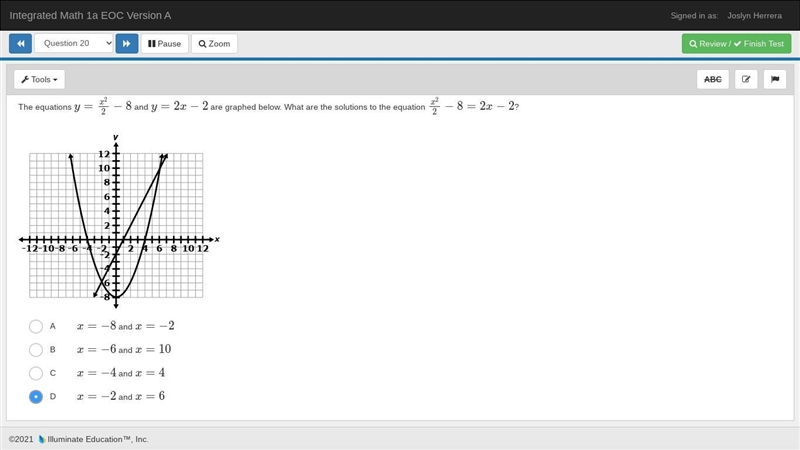 The equations y=x22−8 and y=2x−2 are graphed below. What are the solutions to the-example-1