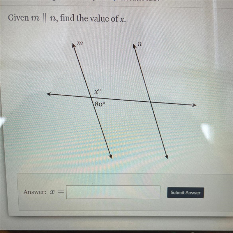 Given m n, find the value of x. הון n . 80° Answer: = Submit Answer PLS HELP-example-1